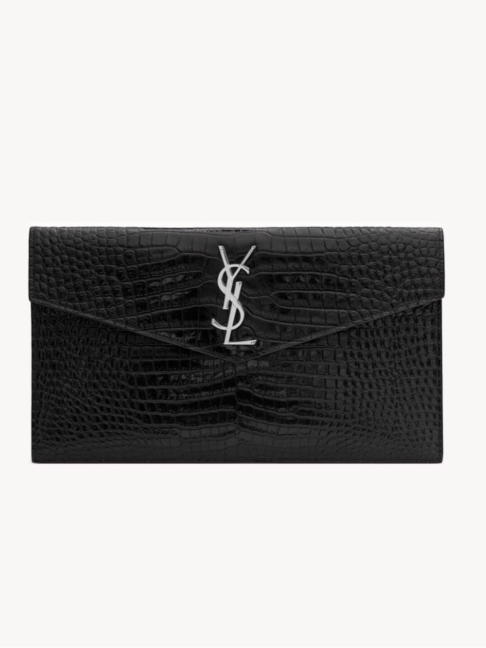 Saint Laurent YSL Black Croc-Embossed Envelope Pouch with Silvertone YSL logo